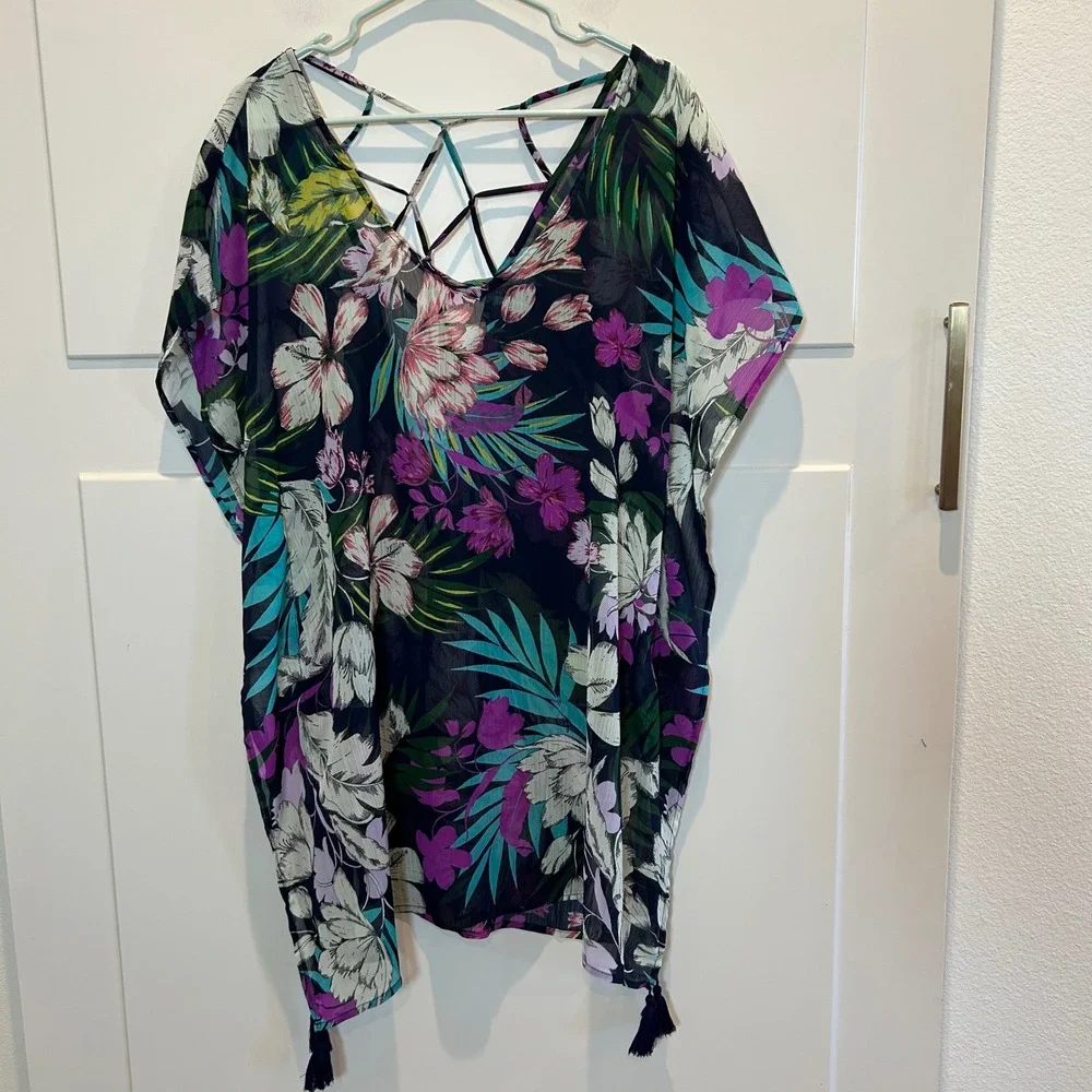 Kona Sol Womens Swim Cover Up Tunic Top Floral Print Lattice‎ Back Tassels M